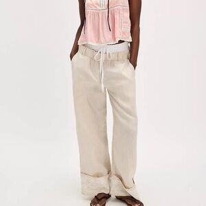 Free People  Line Pants Kettel Lili Linen Double Waistband Beige Lace Cuffs